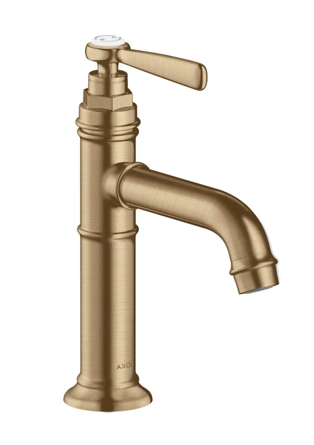 Waschtischmischer mit Hebelgriff in Brushed Bronze von AXOR, mit gerader Auslauföffnung und abgerundetem Fuß, für Badezimmeranwendungen geeignet.